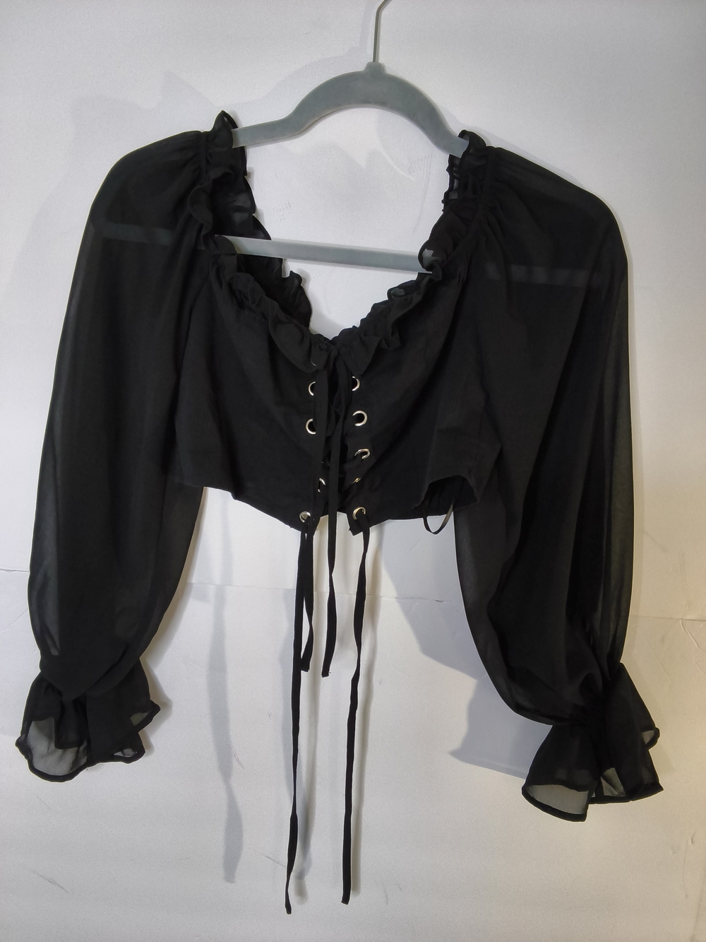 SHEIN Black Sheer Lace-Up Peasant Crop Top